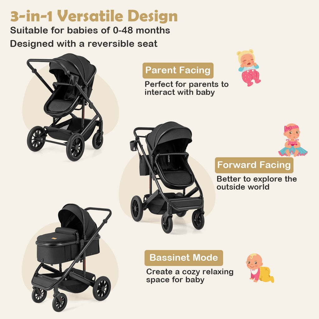 3-in-1 Folding Convertible Newborn Stroller with Detachable Bassinet