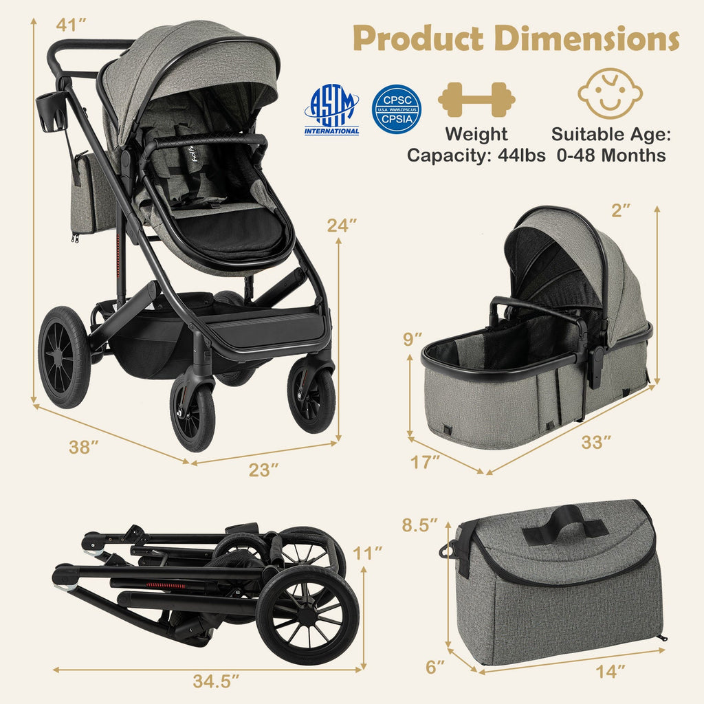 3-in-1 Folding Convertible Newborn Stroller with Detachable Bassinet